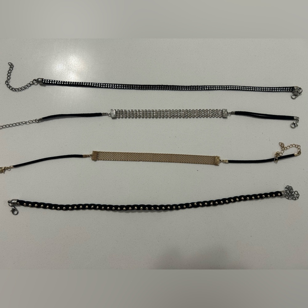 Set of Four Stylish Chokers in Black, Gold and Rhinestone